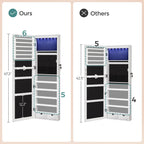 SONGMICS 6 LEDs Mirror Jewelry Cabinet, 47.2-Inch Tall Lockable Wall or Door Mounted Jewelry Armoire Organizer with Mirror, 2 Drawers, 3.9 x 14.6 x 47.2 Inches, White UJJC93W
