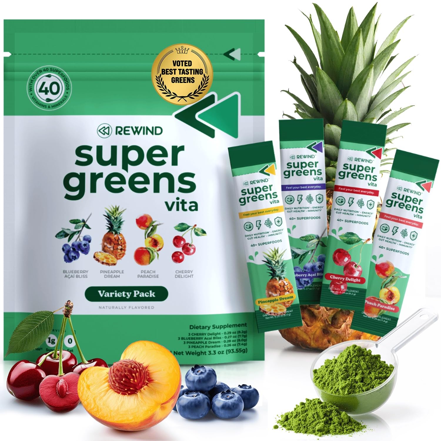 Rewind Best Tasting Vita Variety Sample Stick Pouch - Super Greens Powder Packets - Delicious Green Juice Drink Mix with Amazing Flavor - Over 40 Superfoods - Variety Pack (12 Sticks)