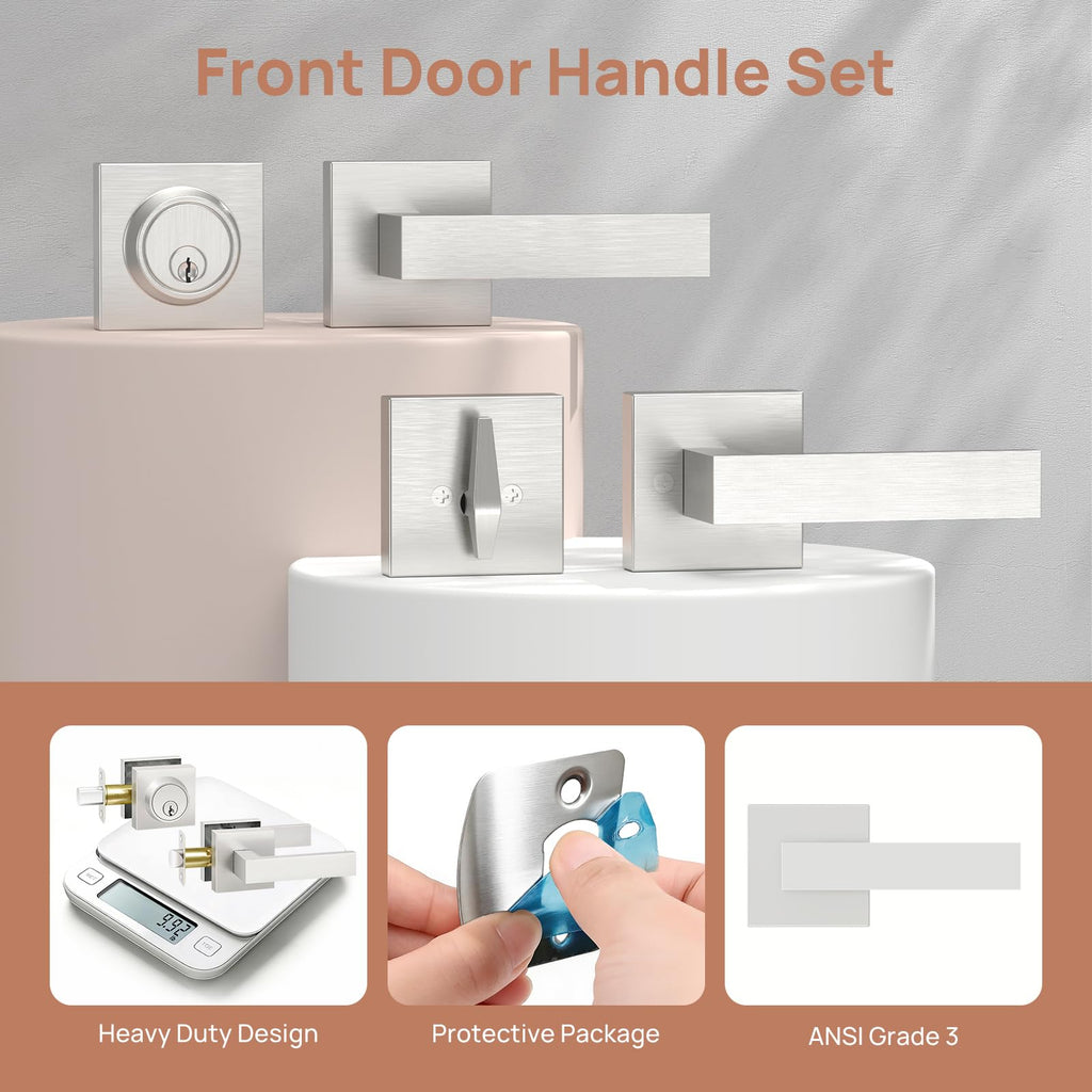 Camtek Front Door Lock Set with Deadbolt, Exterior Door Handle with Single Cylinder Deadbolt Lock, Flat Square Passage Brushed Nickel Door Locks for Front Door, 3 Pack (All Same Keyed Alike)