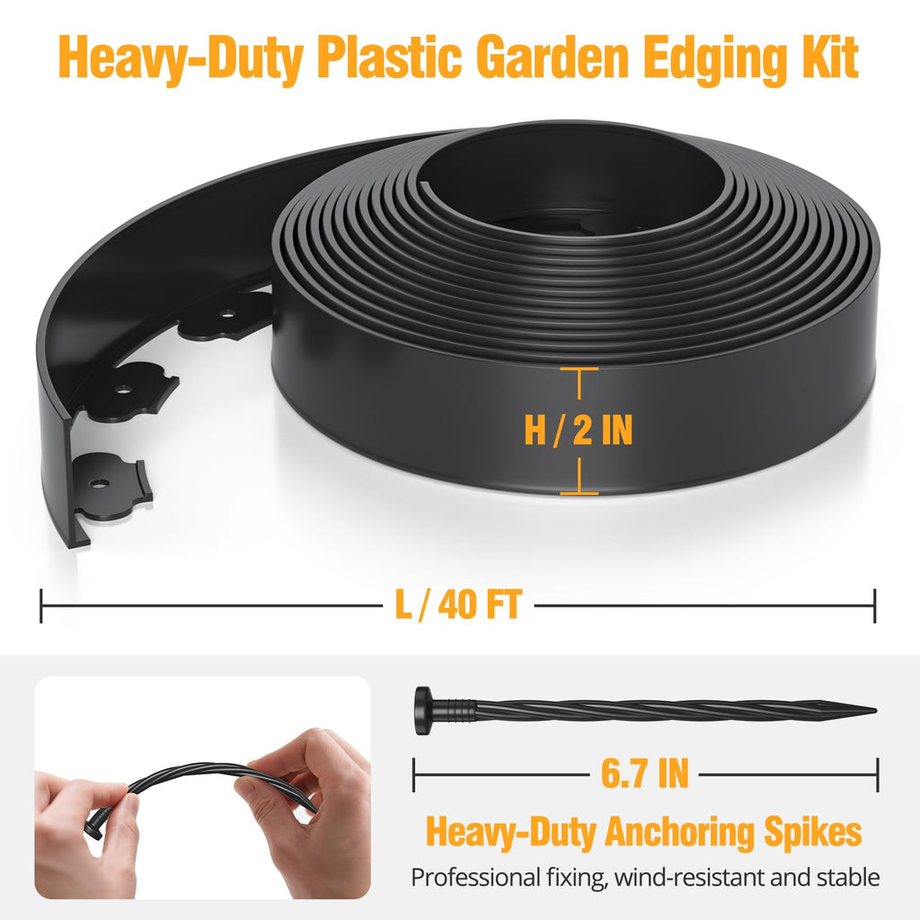 40FT Landscape Edging No-Dig, 2 Inch Tall Heavy Duty Plastic Garden Edging Border with 40 Anchoring Spikes for Lawn, Flower Bed & Decorative Yard