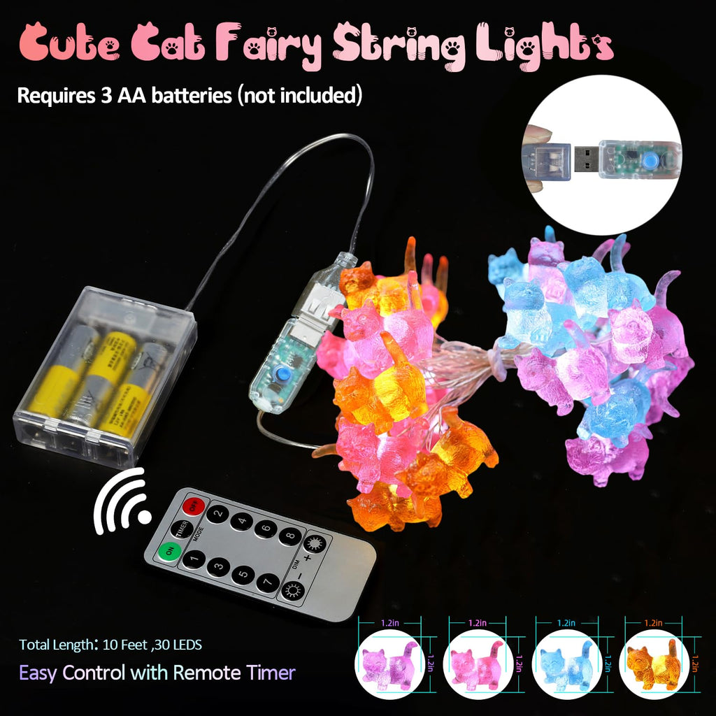 JASHIKA Cat Décor Cute Indoor String Light Fairy Lights Plug in Decorative Lights 10ft 30LED Battery Operated or USB for Bedroom Kids Tent Camping Christmas Tree Ornaments