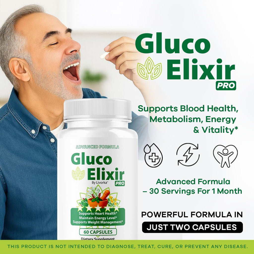 GlucoElixir Pro Capsules - Official GlucoElixir Pro Blood Health Support Advanced Formula Pills - Maximum Strength, Natural Vitamins for Overall Health & Wellness, 60 Capsules for 1 Month