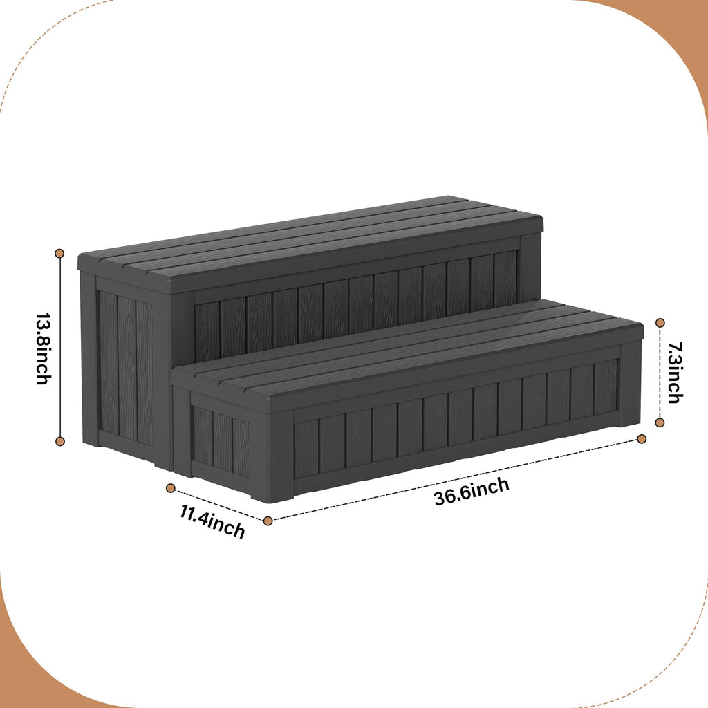 WTFGO Plastic Hot Tub Steps with Storage, Spa Steps Outdoor Stairs, 36.6 Inches Long - Non-Slip All Weather Top & Feet, 32 Gallon Capacity, Waterproof for Porch/RV/Deck, Sturdy Plastic Frame, Black