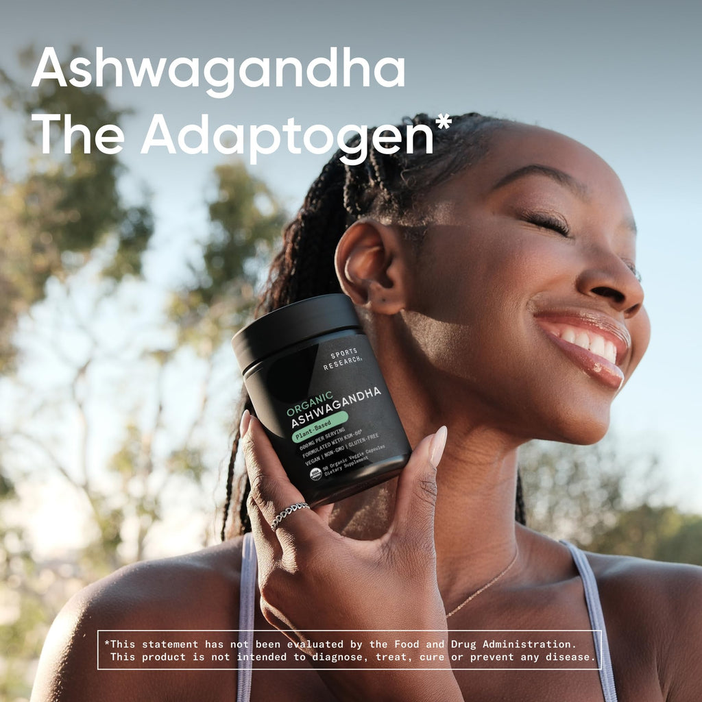 Sports Research® Ashwagandha w/Organic KSM-66® – 600 mg – Adaptogen for Relaxation, Calm & Sleep Support – USDA Organic · Non-GMO ­· Vegan Certified – 90 Veggie Capsules