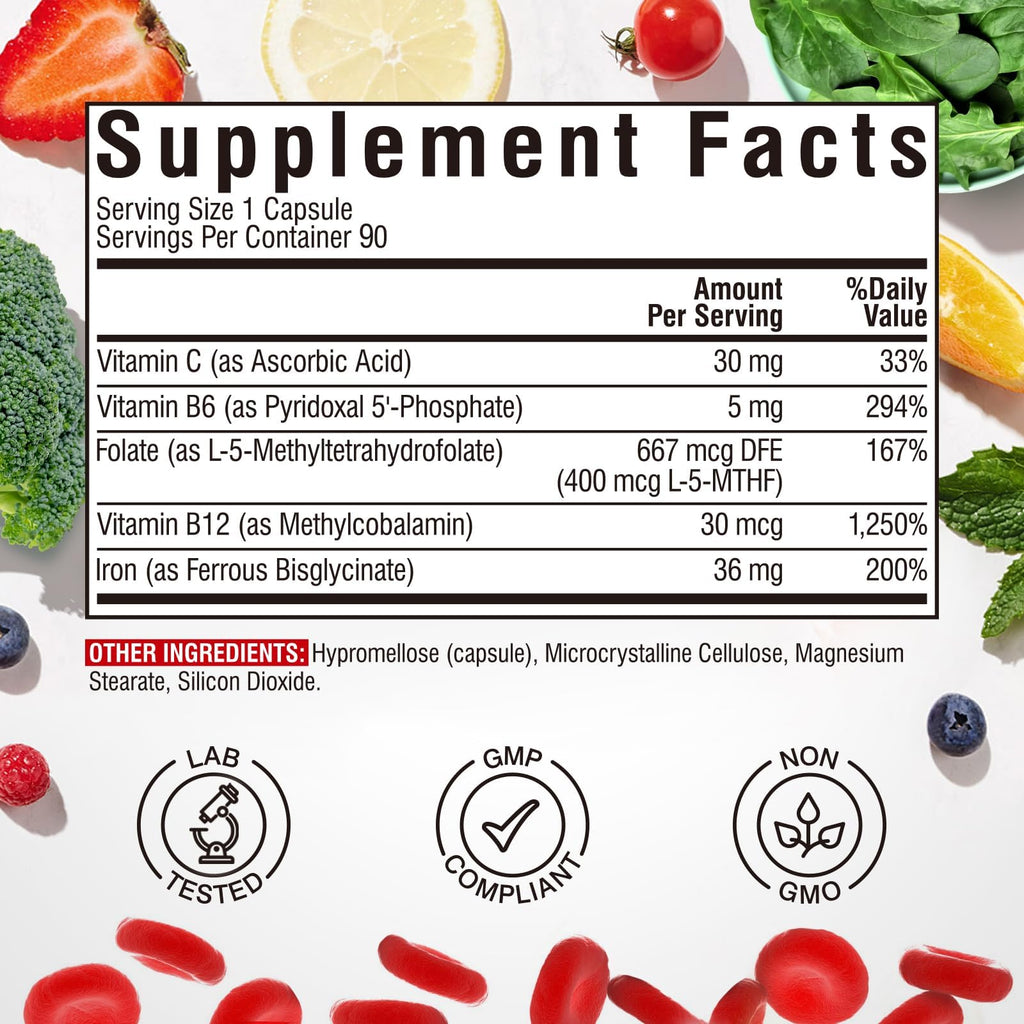 Iron Supplement for Women & Men, with Vitamins C, B6, B12 & Folate for Iron Deficiency, Blood Building & Energy Support, Stomach Friendly, Better Absorption, Non-GMO, No Gluten, 90 Vegan Caps