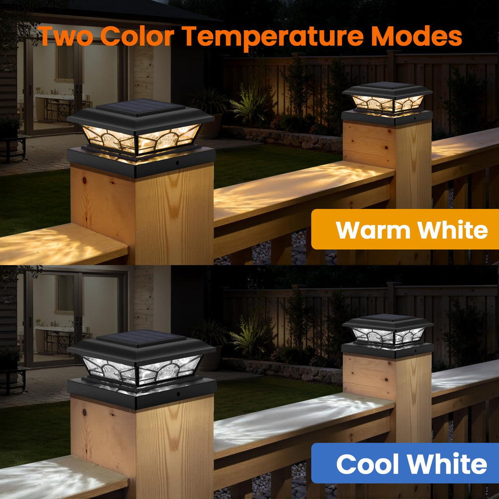 Brightever 4x4 3.5x3.5 Solar Post Cap Lights, 8-Pack Solar Powered Fence Post Light Outdoor Waterproof for Vinyl/Wooden Post, 2 Modes(Warm/Cool Light), Black Solar Deck Post Lights for Patio, Porch