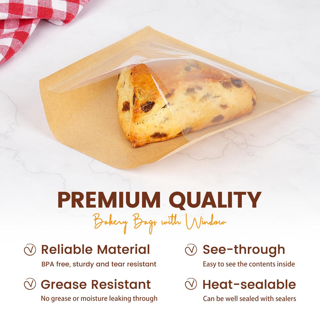 Foranda 100 Pack Cookie Packaging Bags with Seal, 5.7x6.5 Inch Heat Sealable Paper Cookie Sleeves, Grease Resistant To Go Bakery Bags with Window for Bake Sale Brownie, Treat, Donut, Cake Slice, Scone