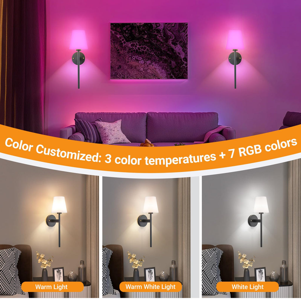 Battery Operated Wall Sconces Set Of 2, Wireless Battery Wall Light With 10000mAh RGB Rechargeable Magnetic Bulb, Rechargeable Wall Sconce With Remote Control For Bedroom, No Electrician Required