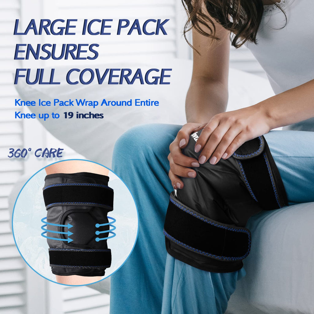 KingPavonini XXL Knee Ice Pack Wrap Around Entire Knee After Surgery, Large Reusable Gel Ice Pack for Injuries, Pain Relief, Swelling, Sports Injuries, 2 Pack (Black)