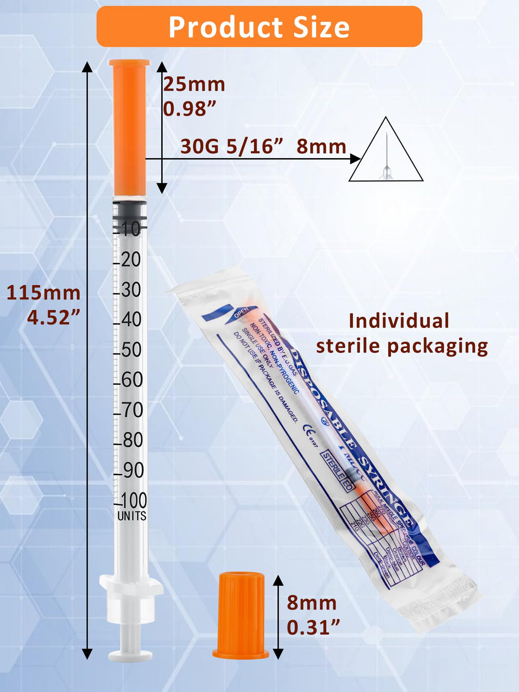100 Pack 1ml Disposable Syringe, 30G 1cc 5/16 Inch (8mm) Lab Supplies Syringes, Individually Wrapped