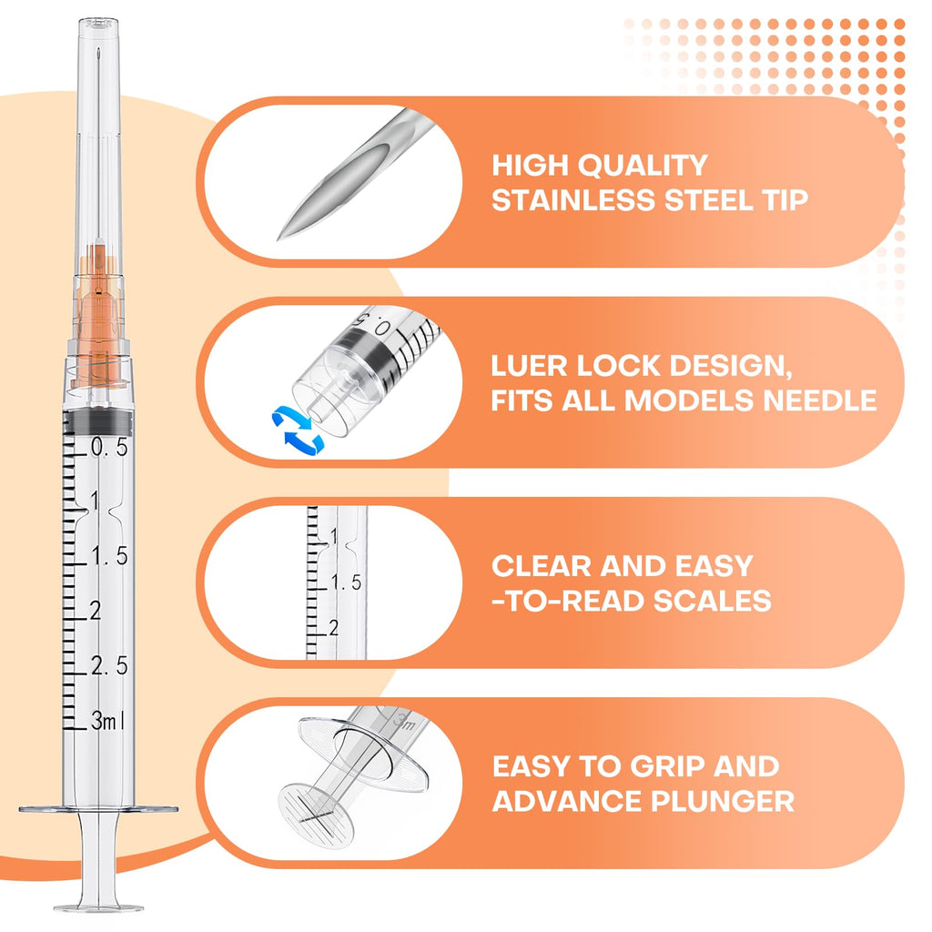 25Pcs 3ml Luer Lock Syringes with 25G 1" Needles, Individually Wrapped