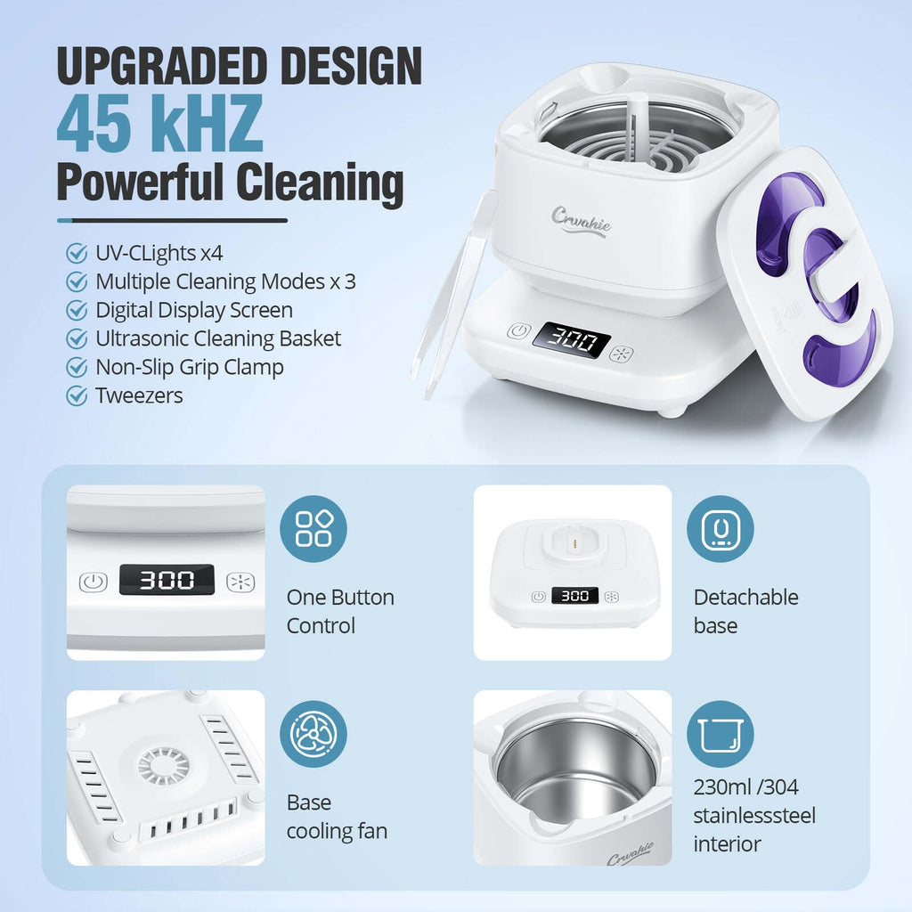Ultrasonic Retainer Cleaner, Detachable 45kHz Retainer Cleaner Machine 3 Modes Dental Cleaning Pod with Visible Window Digital Timer for Mouth Guard, Dentures, Aligner, Braces, Jewelry - White