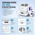 Ultrasonic Retainer Cleaner, Detachable 45kHz Retainer Cleaner Machine 3 Modes Dental Cleaning Pod with Visible Window Digital Timer for Mouth Guard, Dentures, Aligner, Braces, Jewelry - White