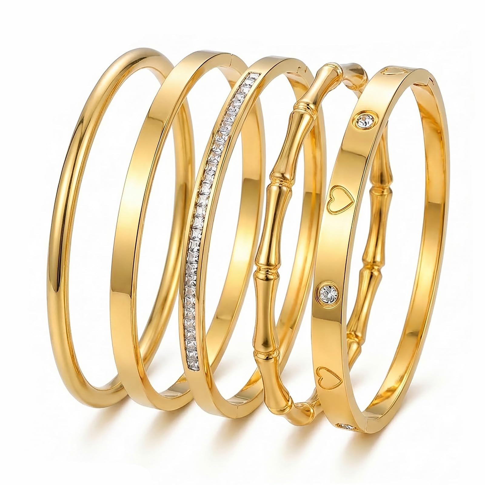 Camhanno Gold Bangle Bracelets for Women Trendy Waterproof - 18K Gold Plated Stackable Bamboo Style Stainless Steel Bracelets Non Tarnish Fashion Jewelry Gifts for Women
