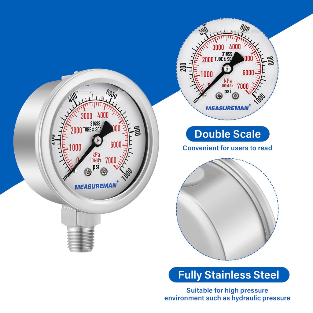 MEASUREMAN 2-1/2" Dial Size, Glycerin Filled Pressure Gauge, 0-1000psi/kpa, 304 Stainless Steel Case, 1/4" NPT Center Back Mount