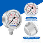 MEASUREMAN 2-1/2" Dial Size, Glycerin Filled Pressure Gauge, 0-1000psi/kpa, 304 Stainless Steel Case, 1/4" NPT Center Back Mount