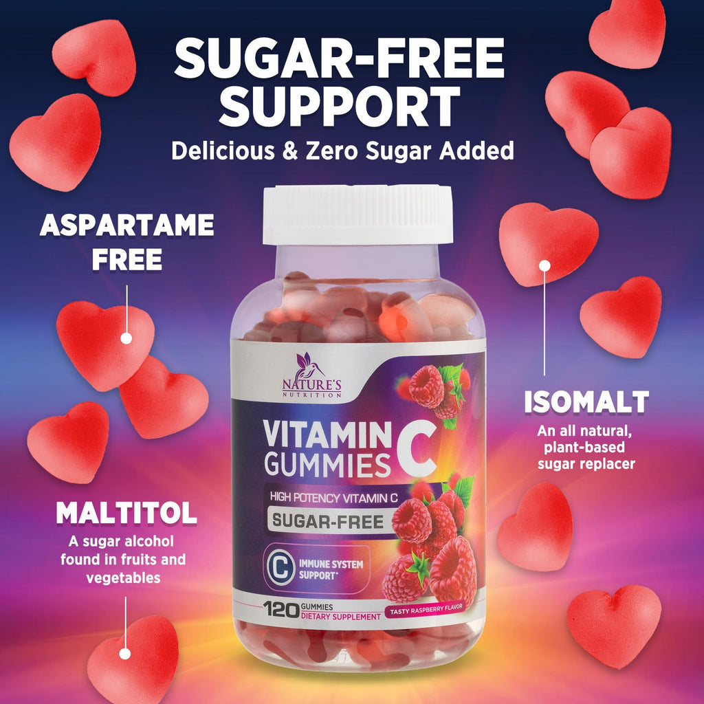 Vitamin C Gummies - 100% of Daily Vitamin C & Sugar Free - Immune Support with Powerful Antioxidants - Nature's Vegan VitaminC Dietary Supplement - Raspberry Flavor for Kids & Adults - 120 Gummies