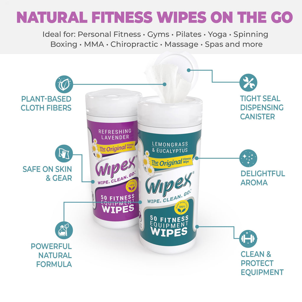 Wipex Original Fitness Equipment Wipes - EWG Verified - 50 Count Plant Based Gym Wipes for Equipment, Yoga Mat Cleaner, Peloton Cleaner, Lemongrass, Eucalyptus & Vinegar (Pack of 12)