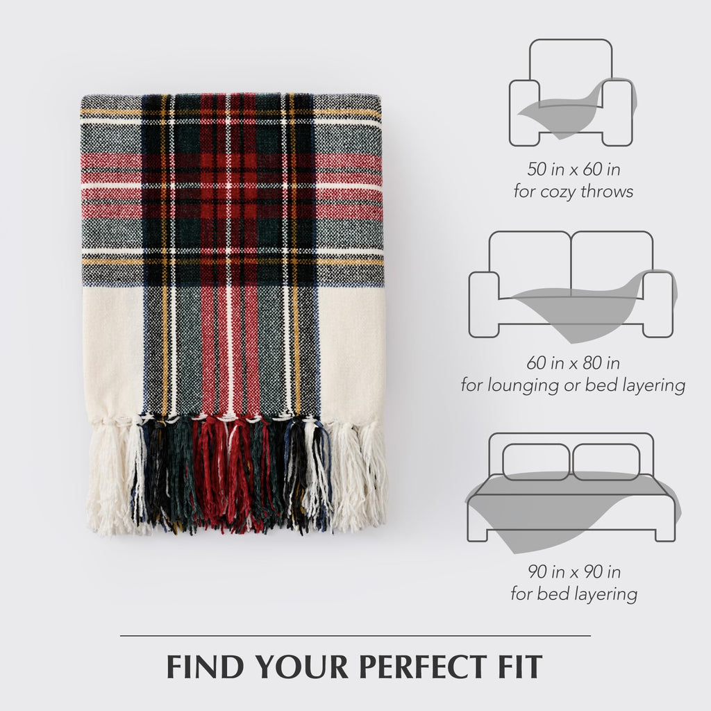 EverGrace Chenille Christmas Throw Blanket, 50"x60", White Stewart Plaid