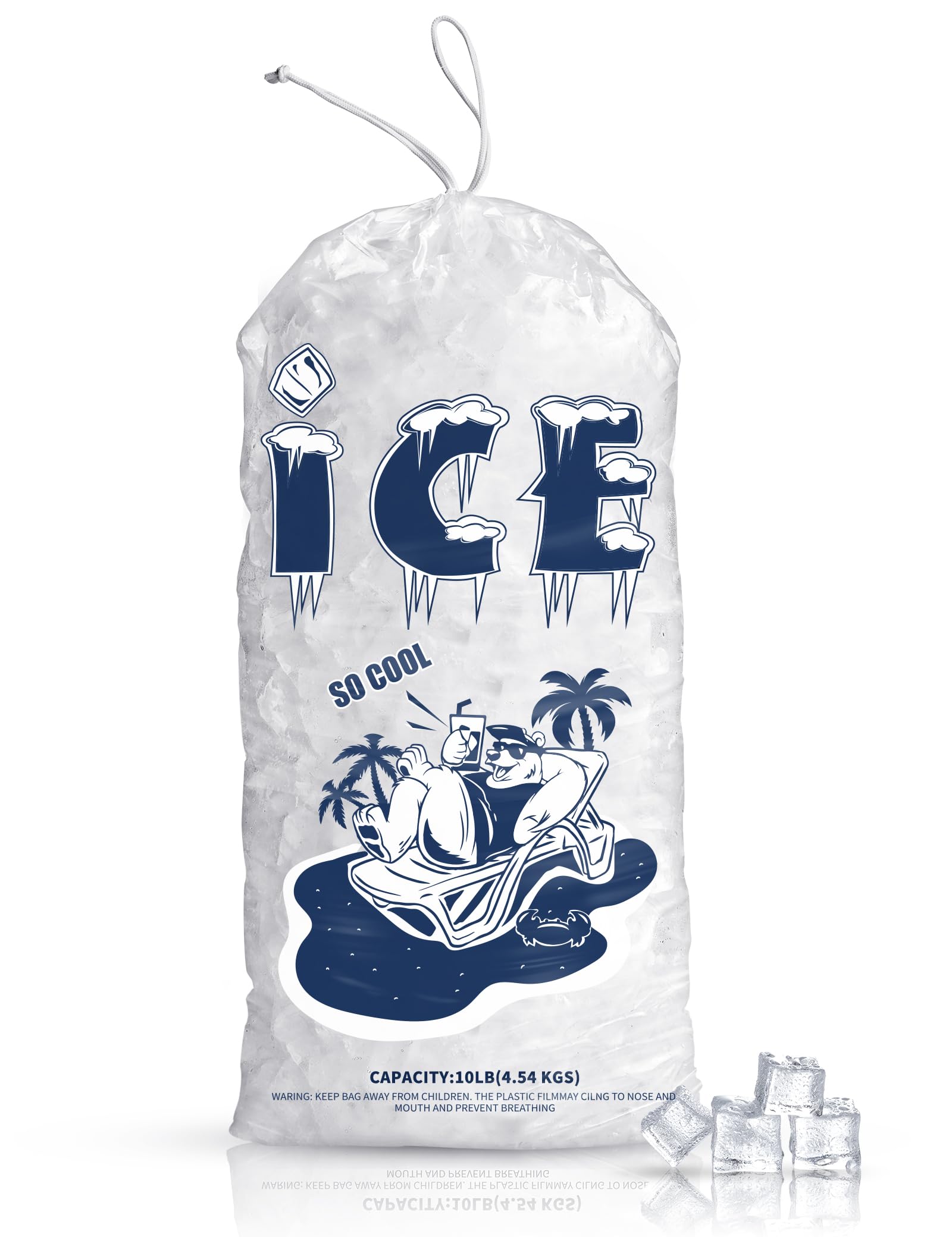 FireKylin 50 Pack Ice Bags 10 lb, Heavy-Duty Ice Bags with Drawstring,Portable Ice Cube Storage and Freezer Keeper (2 Mils Thickness)