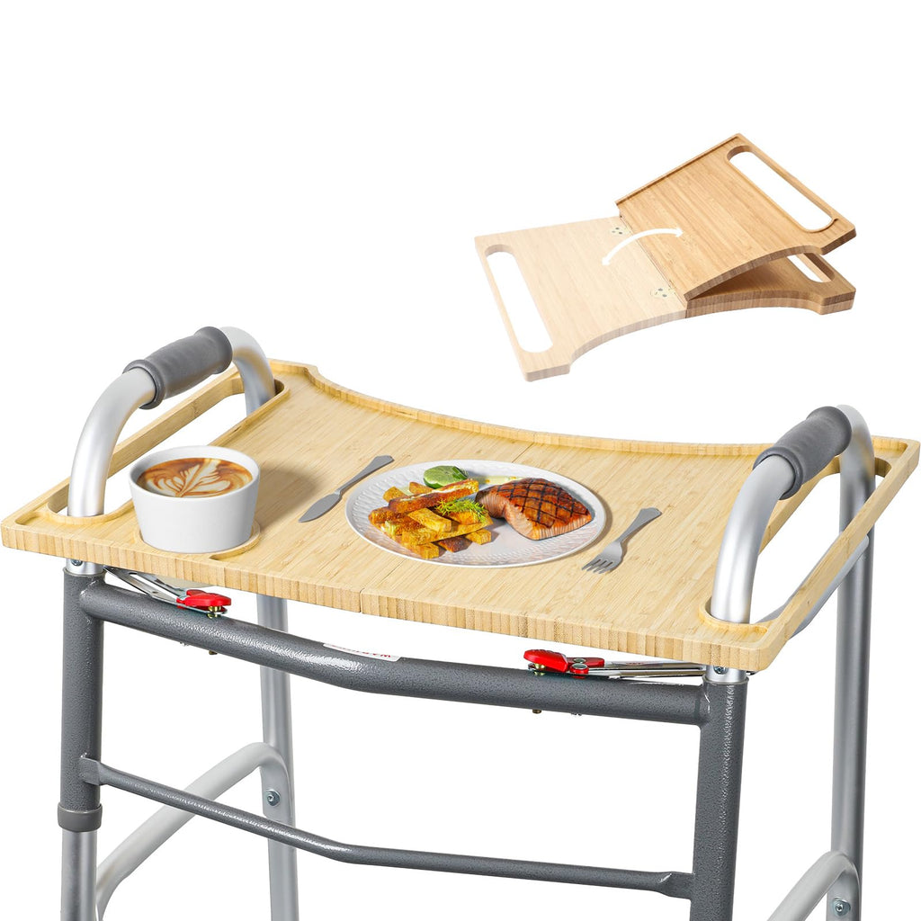 Walker Tray Table with Cup Holder Mobility Table Tray for Folding Walkers Foldable, Portable Multipurpose Bamboo Tray for Eating, Crafts, Laptops Medical Equipment Accessories