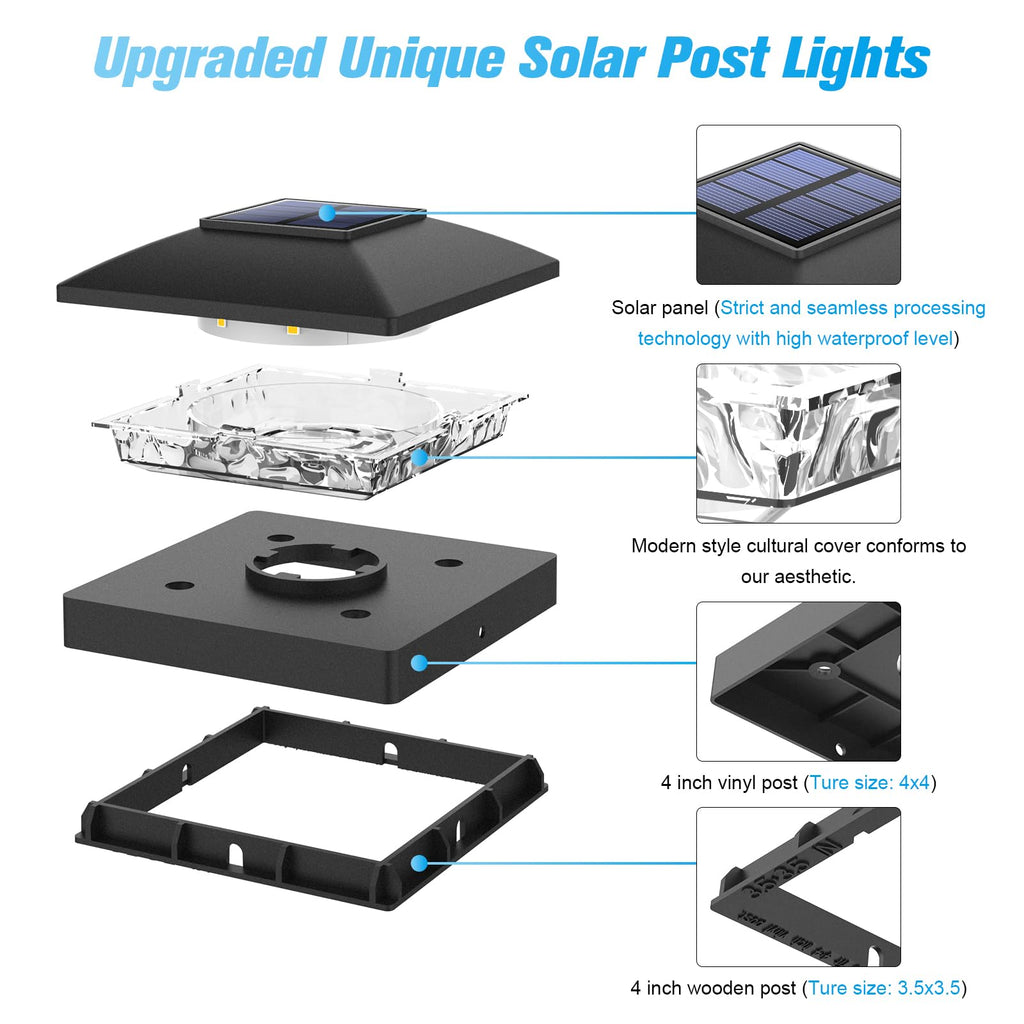 VOLISUN 4x4 Solar Post Cap Light 12pack,Solar Fence - Post Lights Outdoor Waterproof for Wooden/Vinyl Post,Black Deck Post Cap Light Solar Powered with Warm White for Garden/Patio/Porch