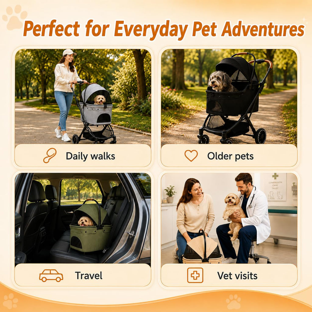 VRHOT Pet Stroller for Small Dogs and Cats, Detachable Dog Cat Stroller with All-Terrain Shock Absorbing Wheels, One-Click Foldable Design, Adjustable Canopy (Gray)