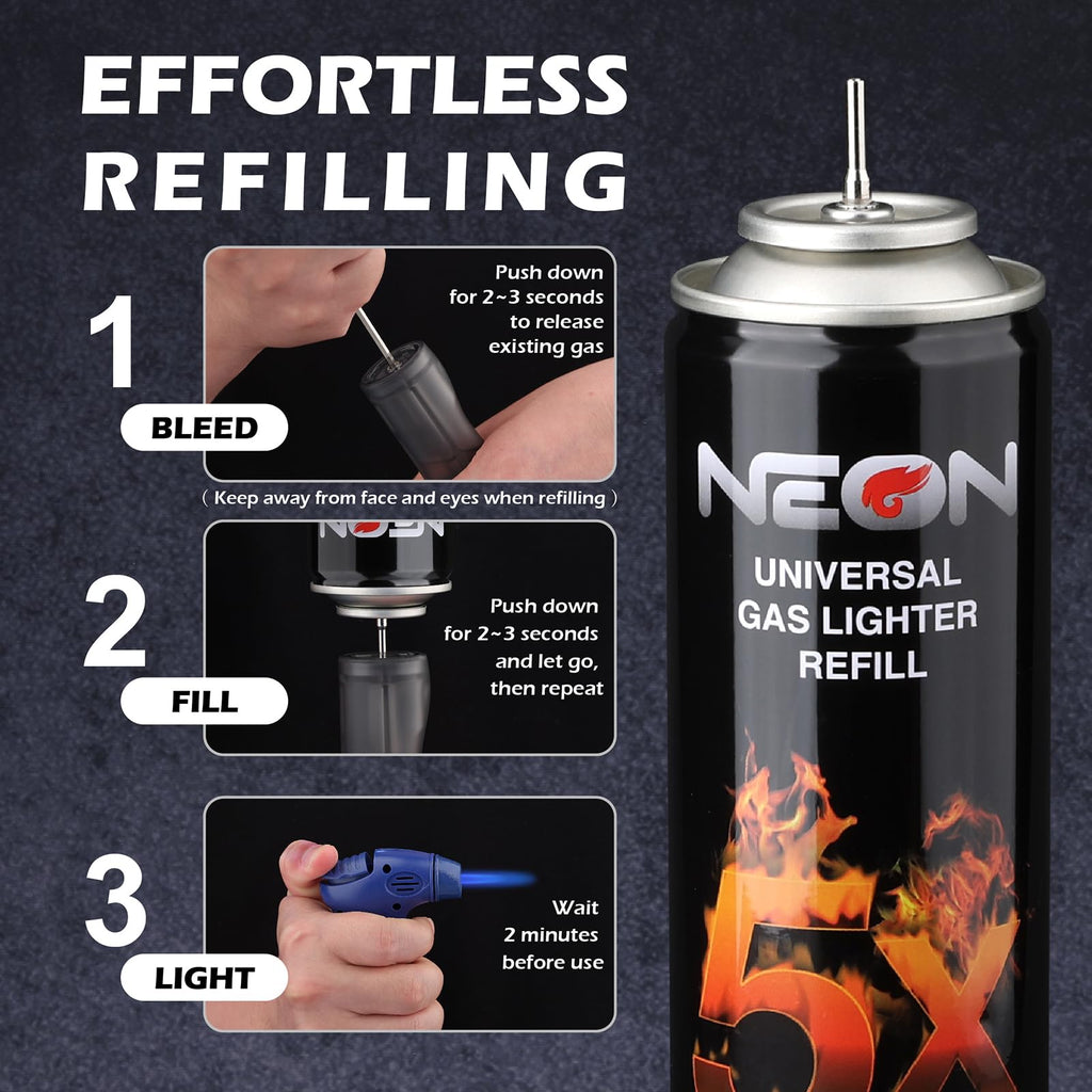 NEON Butane Fuel 300ml, 5X Premium Refined Butane Refill for Torch Lighter, 0 Impurities Lighter Fluid with Metal Nozzle & 5 Butane Gas Refill Adapters for Culinary, Welding, and DIY (4 Cans)