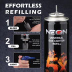 NEON Butane Fuel 300ml, 5X Premium Refined Butane Refill for Torch Lighter, 0 Impurities Lighter Fluid with Metal Nozzle & 5 Butane Gas Refill Adapters for Culinary, Welding, and DIY (4 Cans)