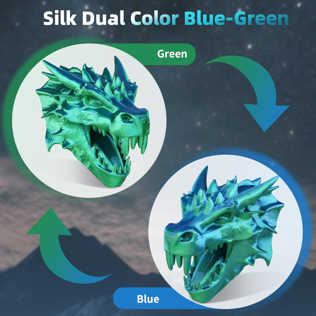 AICOPYTO Dual Color Silk PLA 3D Printer Filament 1.75mm, Dual Color 2-in-1 Green-Blue Silk Filament 1KG Spool (2.2lbs) Dimensional Accuracy Probability +/- 0.02mm Fits Most FDM 3D Printers, Blue-Green
