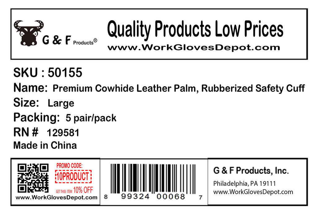 G & F Products Cowhide Leather Work Gloves with Suede Finish Palm rubberized safety cuff, 5 Pairs