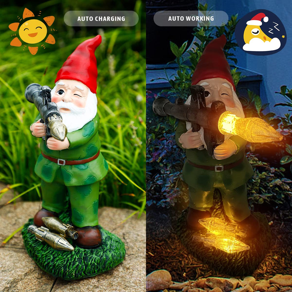 PERFECTOP Solar Military Garden Gnome Statue with RPG, Large War Army Combat Defender Soldier Patriotic Gnome Figurine with Gun, Outdoor Patio Yard Lawn Home Ornament Decor, Valentine's Day Men Gift