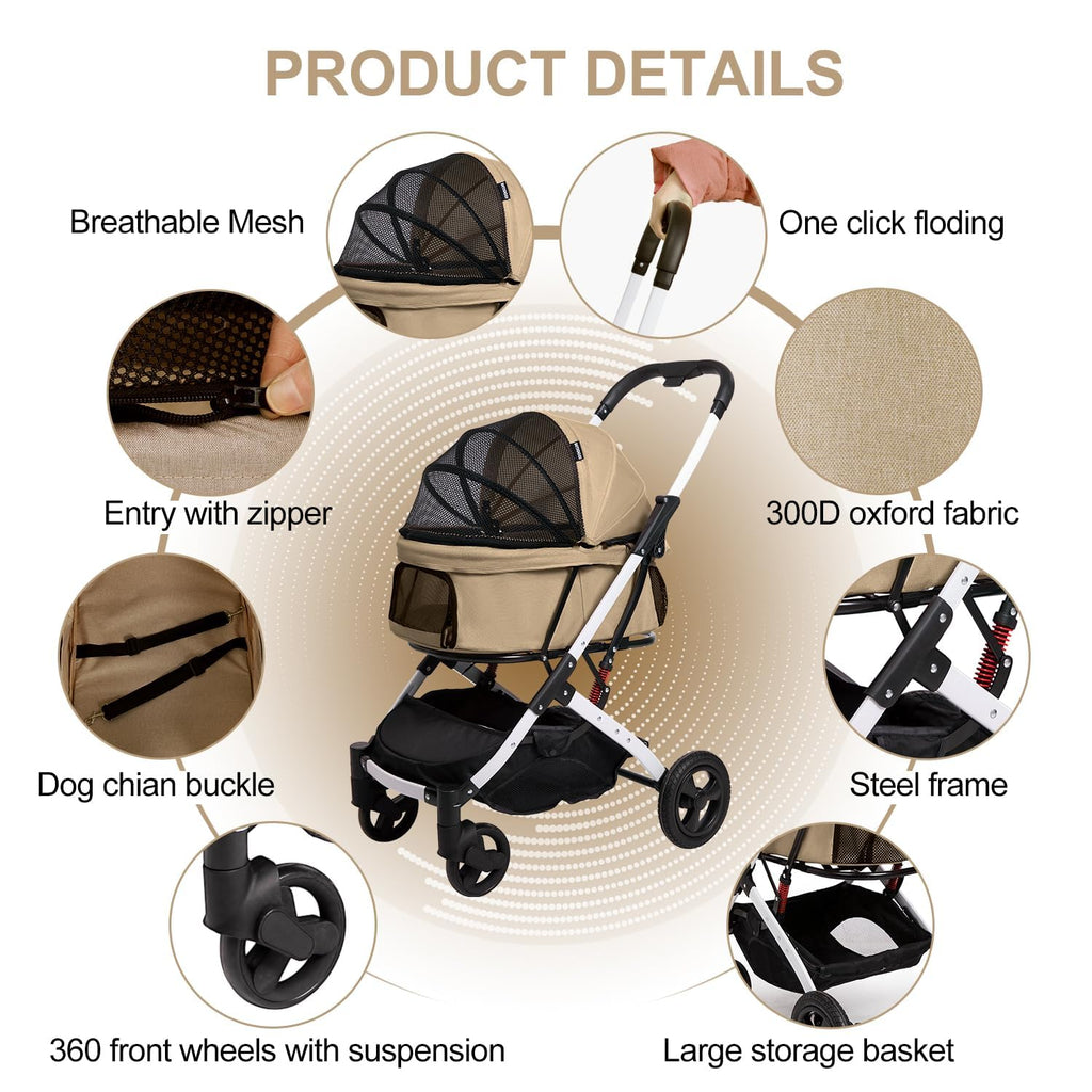 BETSOCCI Pet Stroller for Medium Small Dog & Cat, Foldable Lightweight Dog Stroller with Storage Basket Pet Travel Carriage with Safety Leashes, 4 Wheel, Khaki