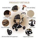 BETSOCCI Pet Stroller for Medium Small Dog & Cat, Foldable Lightweight Dog Stroller with Storage Basket Pet Travel Carriage with Safety Leashes, 4 Wheel, Khaki