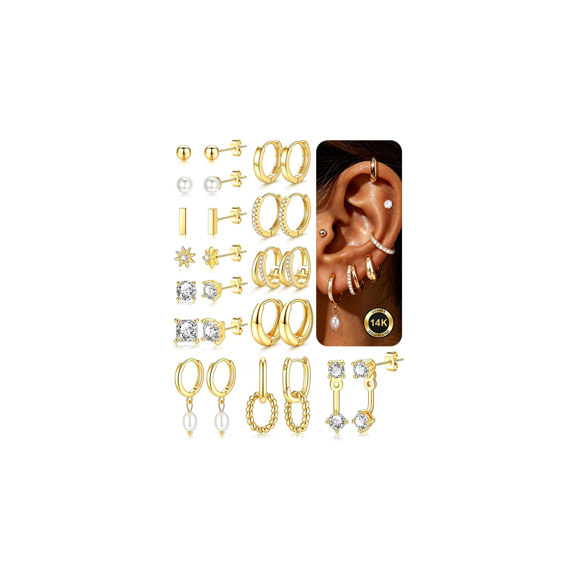 13 Pairs Gold Earrings for Women, 14K Plated Hypoallergenic Stackable Set