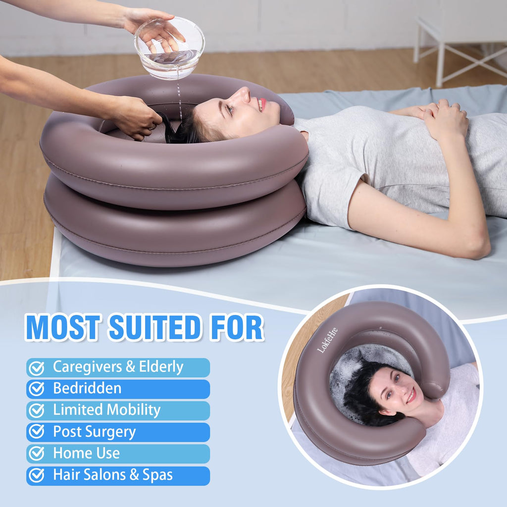 Portable Inflatable Hair Washing Basin for Bedridden - Wash Hair in Bed with Inflatable Shampoo Bowl.For Elderly,Disabled,Injured,Ideal Inflatable Sink for Locs Detox (Brown, 18in Inner)