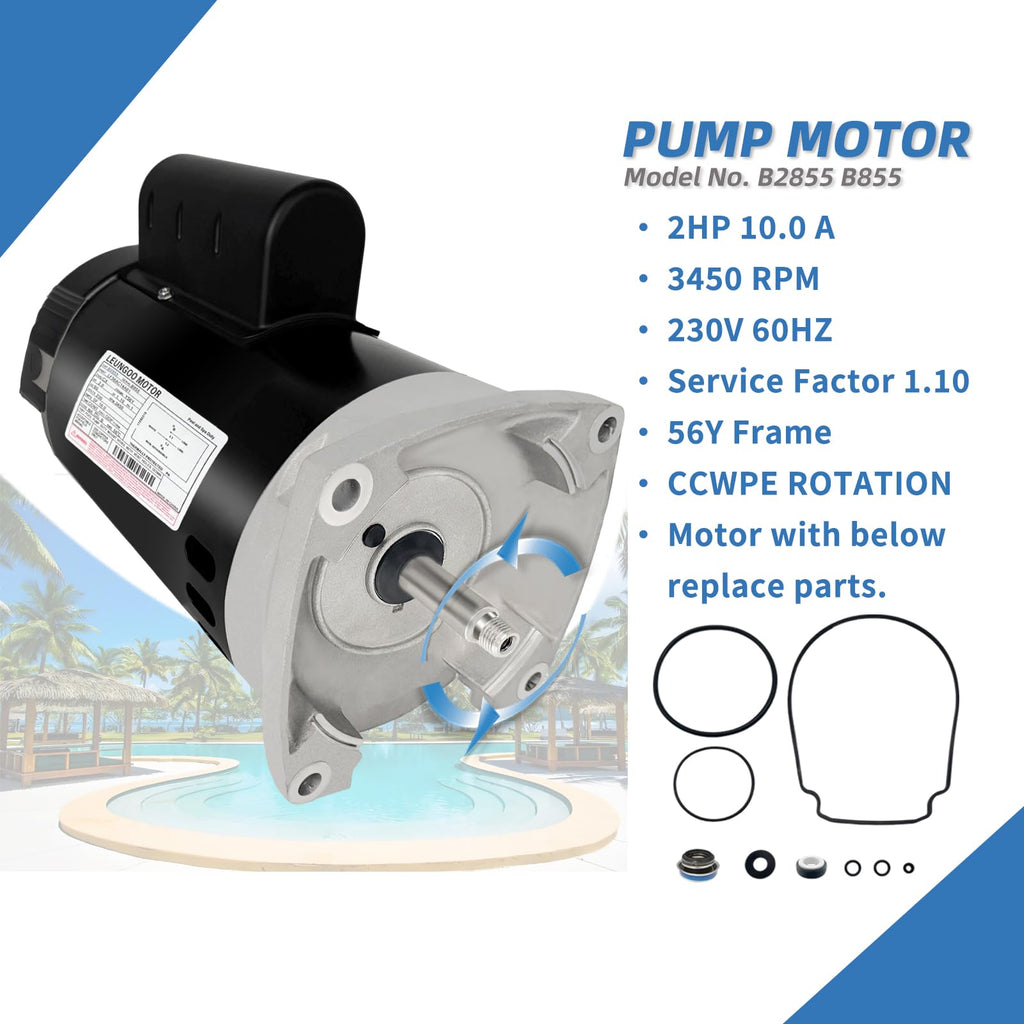 B2855 2HP Pool Pump Motor Replaces Century/AO Smith Regal Beloit B855 Swimming Pool Pump Motors, 230V, 10A, 3450RPM 1.5KW 56Y Frame 1.1 SF Include Replace Parts, Single Phase Square Flange Leungoo
