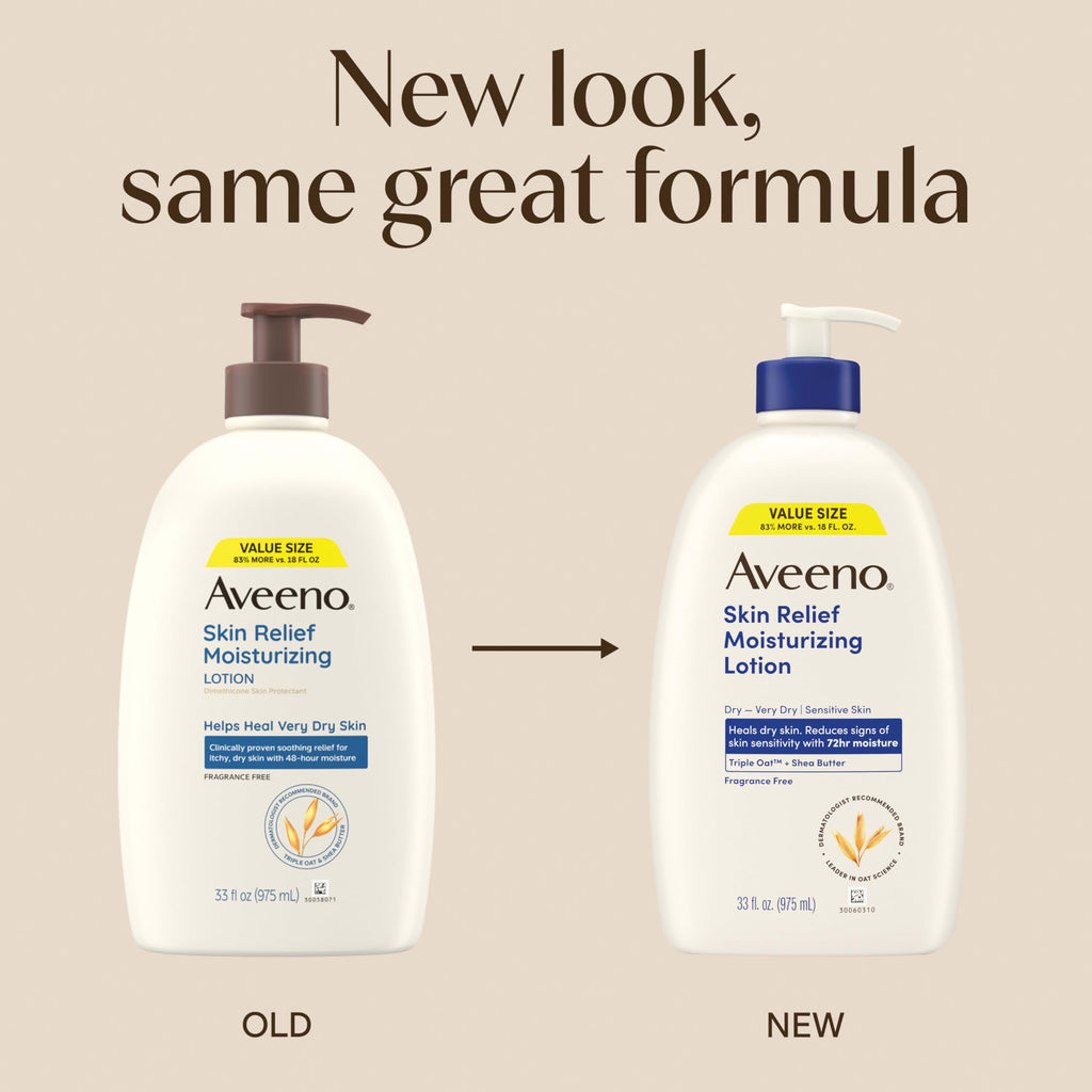 Aveeno Skin Relief Moisturizing Lotion Heals Very Dry, Sensitive Skin, Fast-Absorbing Body Lotion with Triple Oat & Shea Butter, Fragrance Free, Non-Comedogenic, Value Size, 33 fl. oz