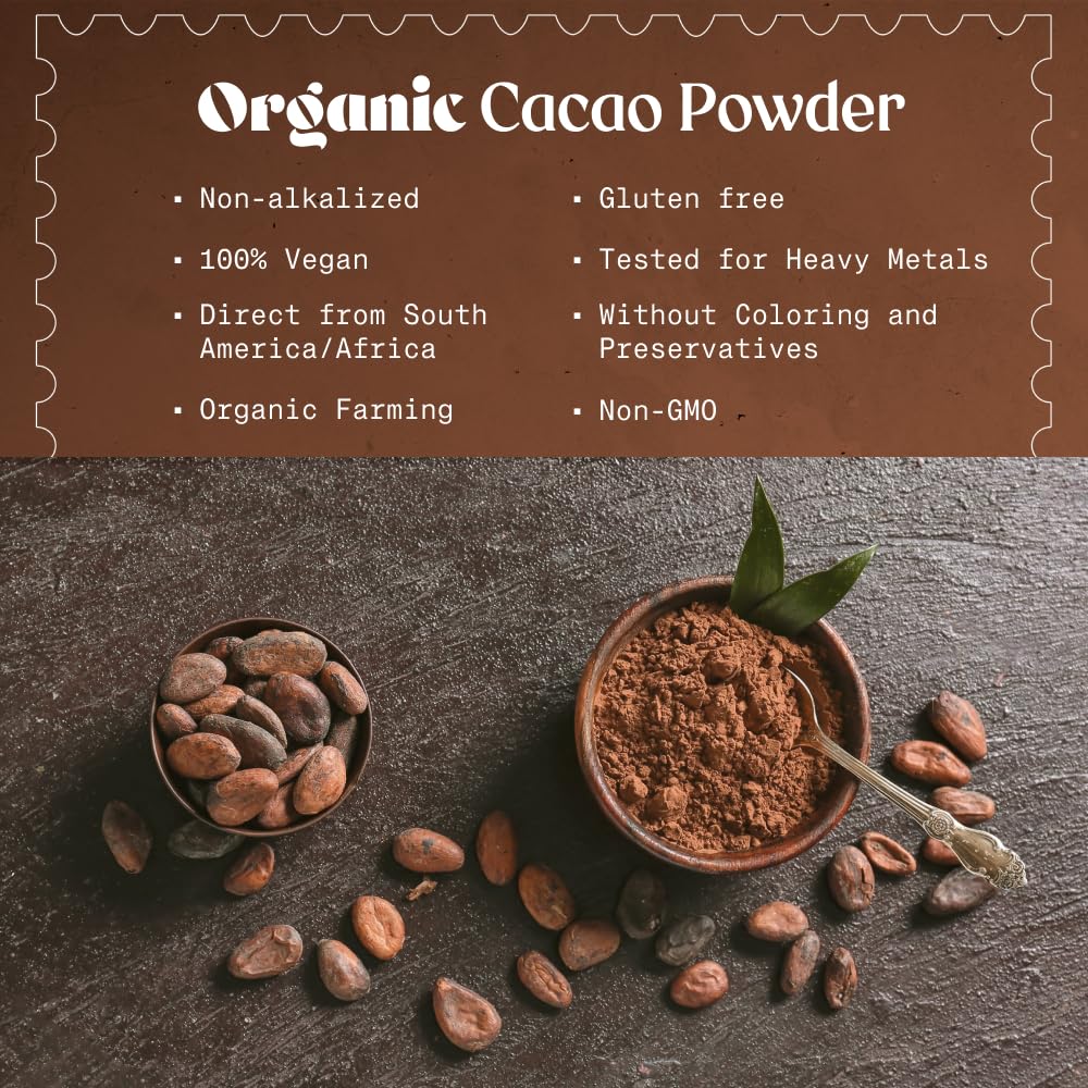 NaturaleBio Cacao Powder Organic 35oz. Unsweetened, Non-Alkalized and Pure. Cocoa Powder Substitute with Rich Dark Chocolate Flavor. Non-GMO, Gluten Free, Tested for Heavy Metals. From Raw Cacao Beans