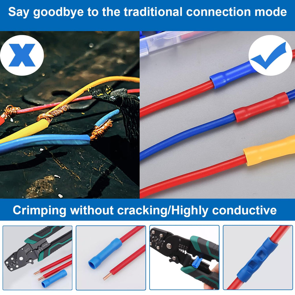 smseace 210PCS Wire Butt connectors with Crimping Tool 22-10AWG Butt Splice Connectors Insulated Electrical Straight Wire Terminal