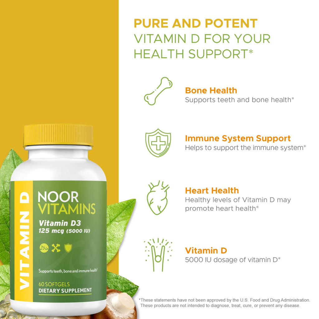 Noor Vitamins Halal Vitamin D, Halal Vitamin D3, 5000 IU Softgels, Supports Bone, Immune & Heart Health, from Safflower Oil to Maximize Absorption, Non-GMO, Gluten Free & Halal (60 Count)…