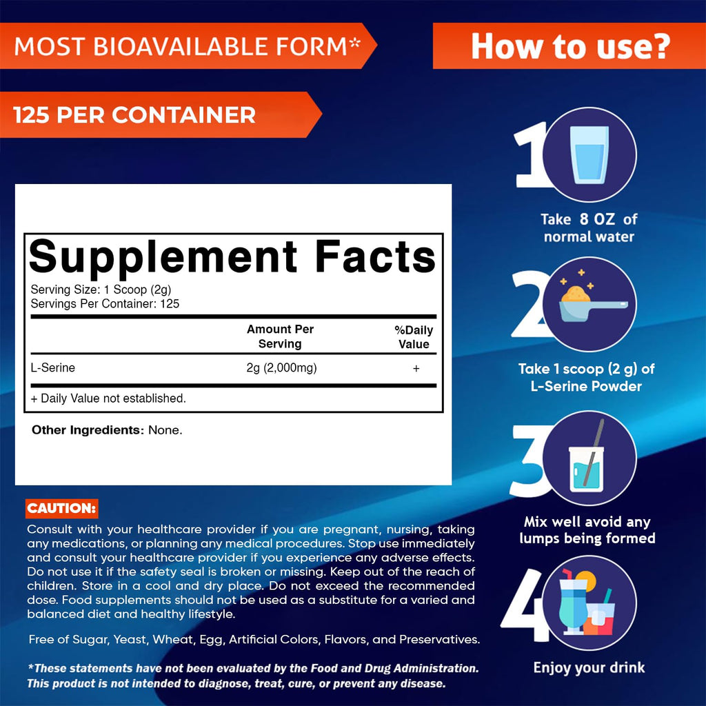 Vitamatic L-Serine Pure Powder 250 Gram | 2000 mg per Serving | 125 Servings | Unflavored | No Additives | Free of Soy, Eggs, Fish & Artificial Ingredients