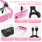 GUOUBUO Magnifying Glass with Light, 1.5X-5.0X Magnifying Glasses, Rechargeable Magnifier Headset with Light, Head Magnifier with 4 Detachable Lenses, Magnify Glasses for Close Work Crafts Jewelry