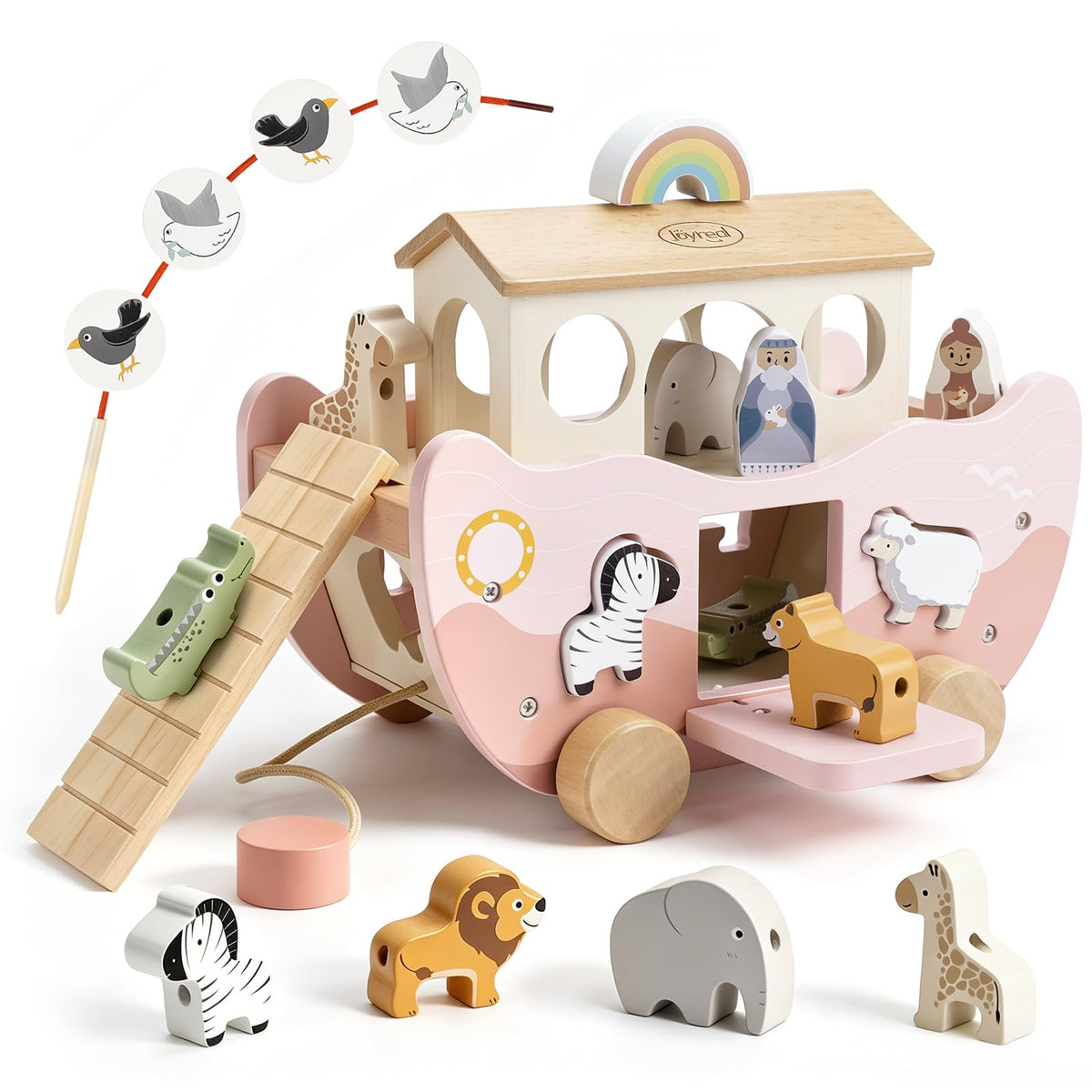 Joyreal Pink Wooden Noah's Ark Toy for 1 Year Old Baby Girl Baptism Gifts