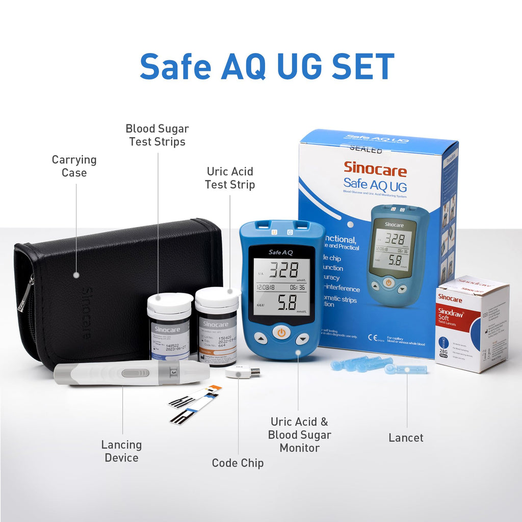 sinocare Uric Acid & Blood Sugar Monitor, 2 in 1 Meter, Uric Acid Testing & Blood Glucose Test Kit, 50pcs Uric Acid Test Strips + 50pcs Blood Suar Test Strips & 100pcs Lans., for Home Use UK