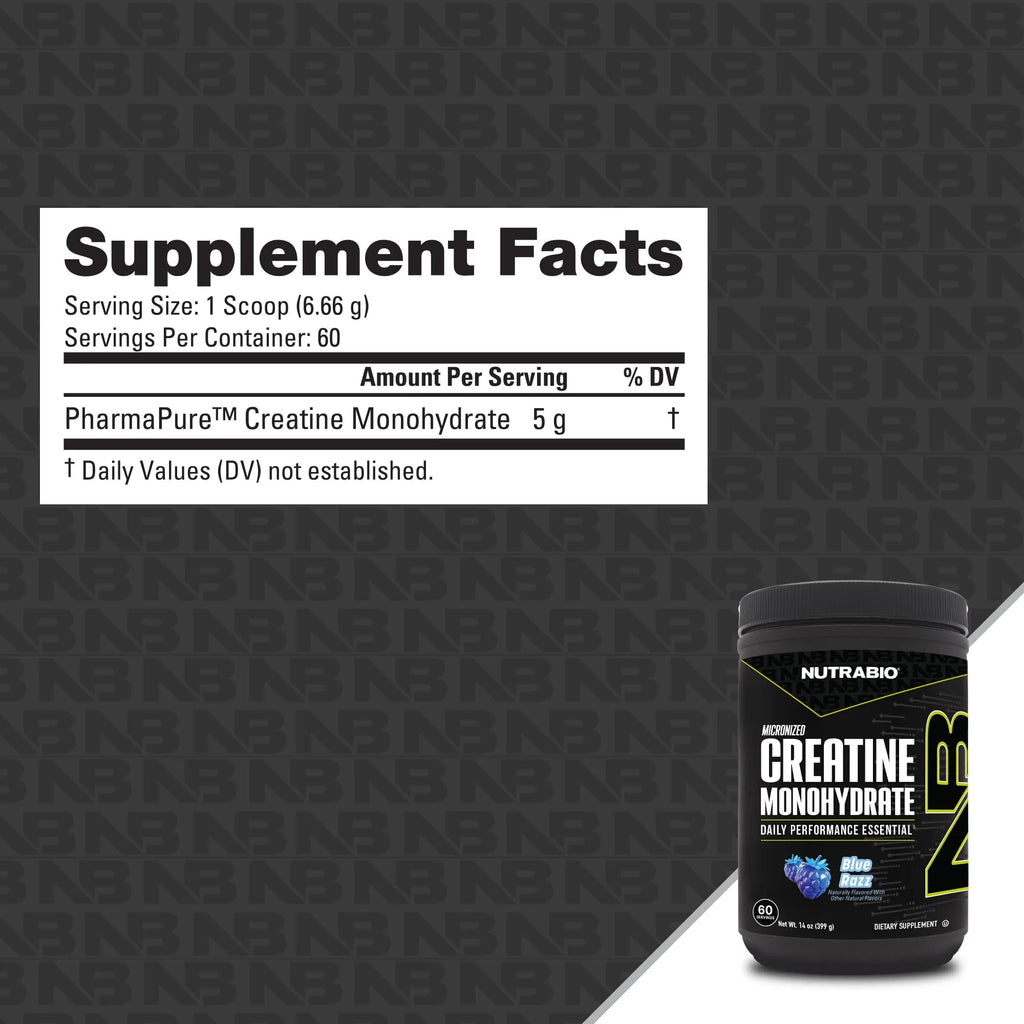 NutraBio Pure Micronized Creatine Monohydrate Powder Supplement, Blue Razz (300 g) - Supports Bulk Muscle Energy, Recovery, and Strength - HPLC Tested Creatine Powder Supplement for Men and Women