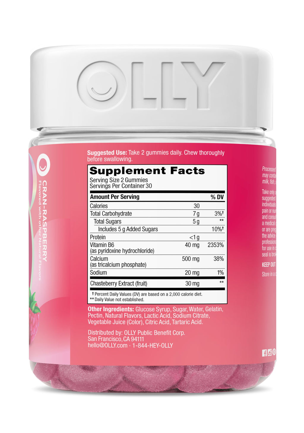 OLLY Period Hero Gummies, PMS Support Supplement,* Chasteberry, Vitamin B6, Calcium, Cran-Raspberry Flavor, 30 Day Supply - 60 Count