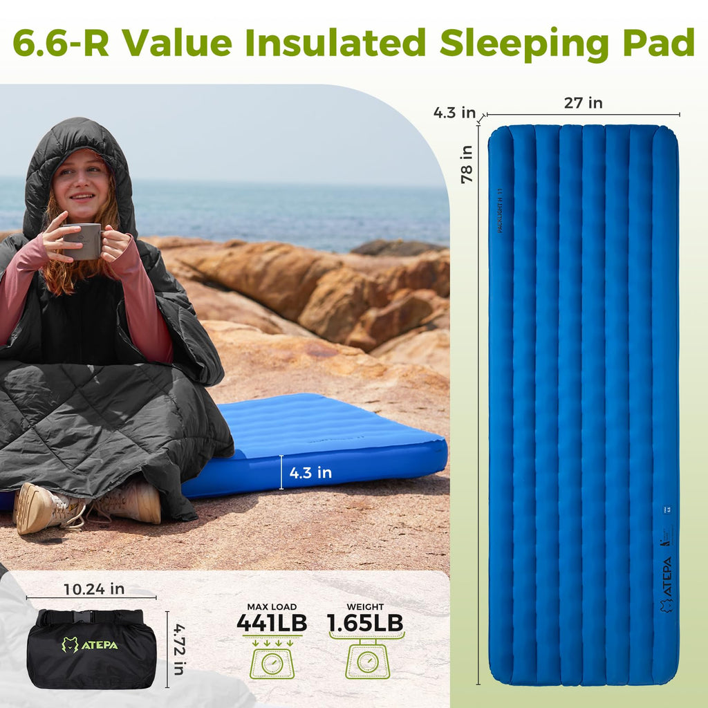ATEPA ThermAir Pro Backpacking Sleeping Pad, 6.6 R-Value Insulated Ultralight Inflatable Sleeping Pad Folding Camping Pad with 7 Layers & Storage Bag for Camping Backpacking, Wide Long Size (78"x27")