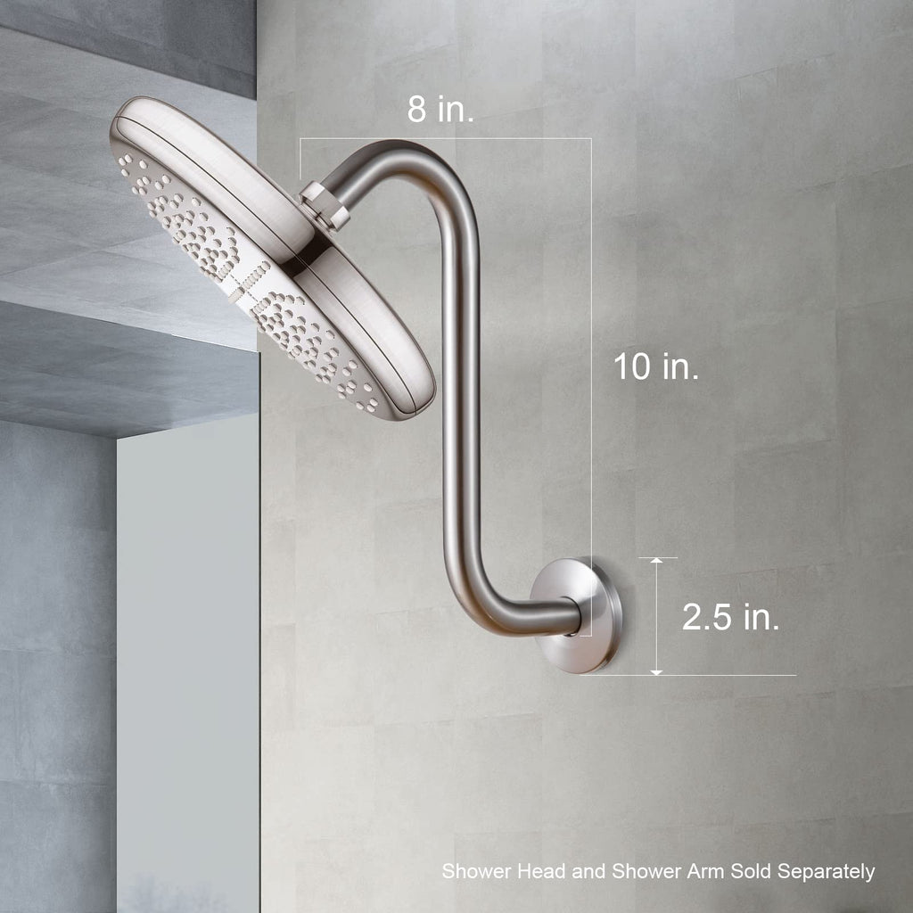 OFFO Shower Head Extension Arm 10 in, Brushed Nickel S Shaped Shower Arm with Flange High Rise Goose Neck Shower Arm Extension
