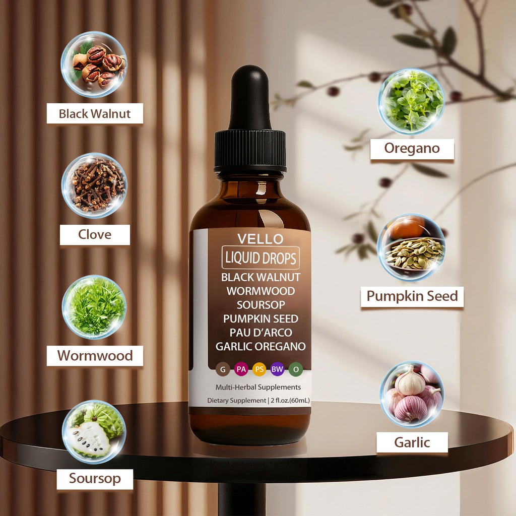Vello Black Walnut Wormwood Gut Cleanse, Wormwood Black Walnut Clove Drops with Garlic Oregano, Soursop, Pau D'arco, Pumpkin Seed Extracts, Support Gut & Digestion Balance, Improve Energy (2)